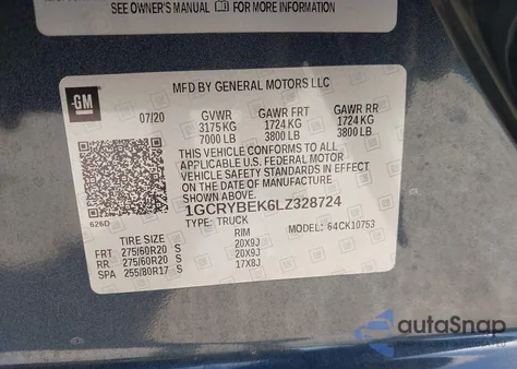 2020 Chevrolet Silverado 1500 4Wd Double Cab Standard Bed Custom z USA, uszkodzony, nr VIN 1GCRYBEK6LZ328724
